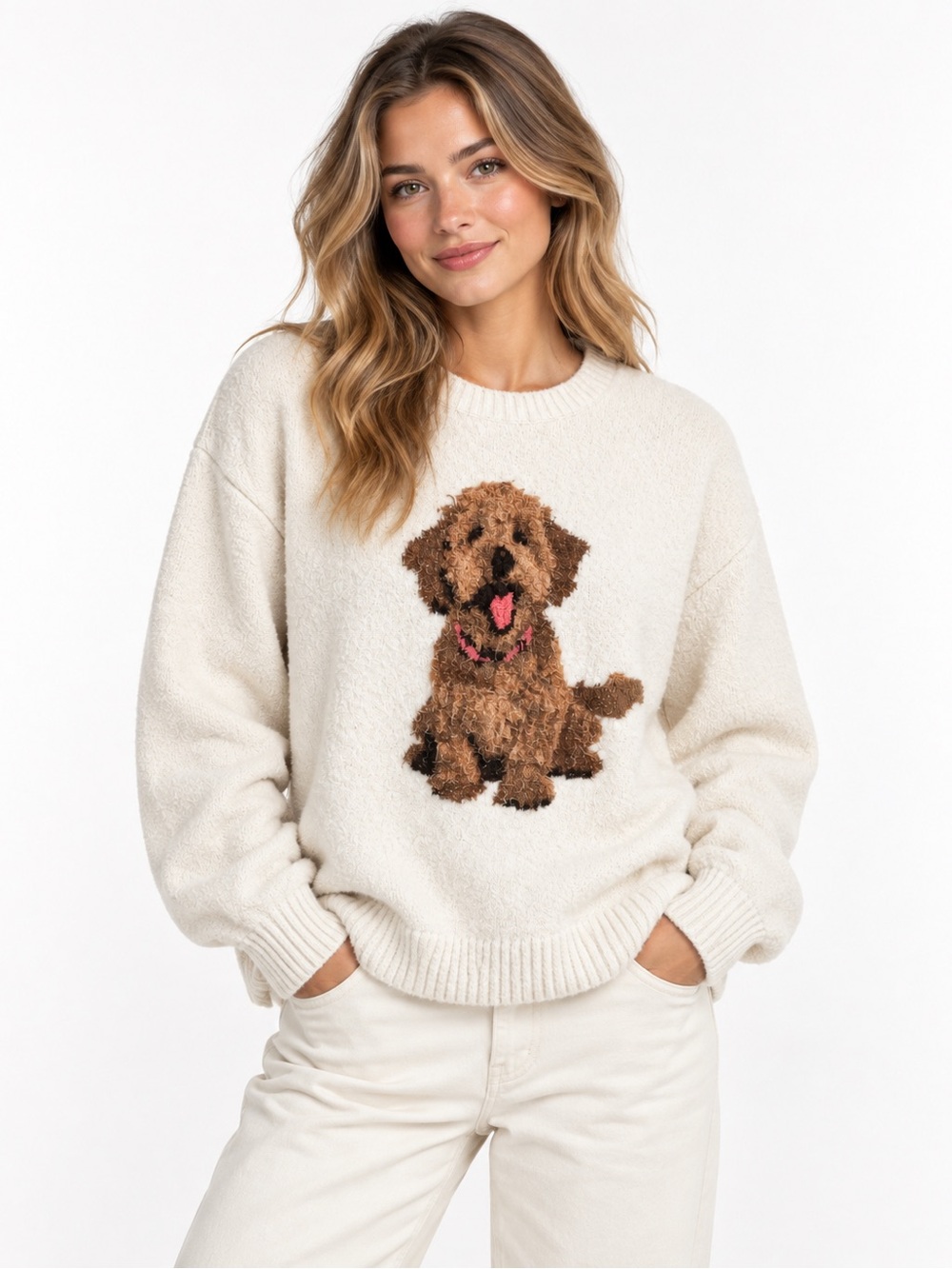 Hollister Women’s Cream Dog Graphic Fuzzy Knit Sweater Size Small
